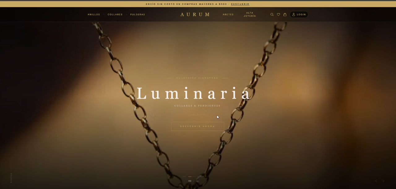 Aurum jewelry e-commerce homepage showing the Luminaria collection